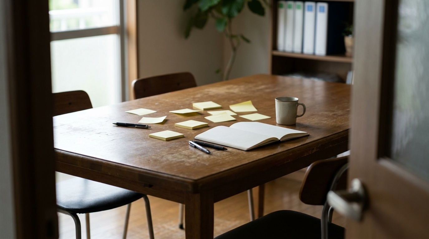 MS-009 featured image: meeting-notes-to-actions-ai-template - text-free editorial workplace still life