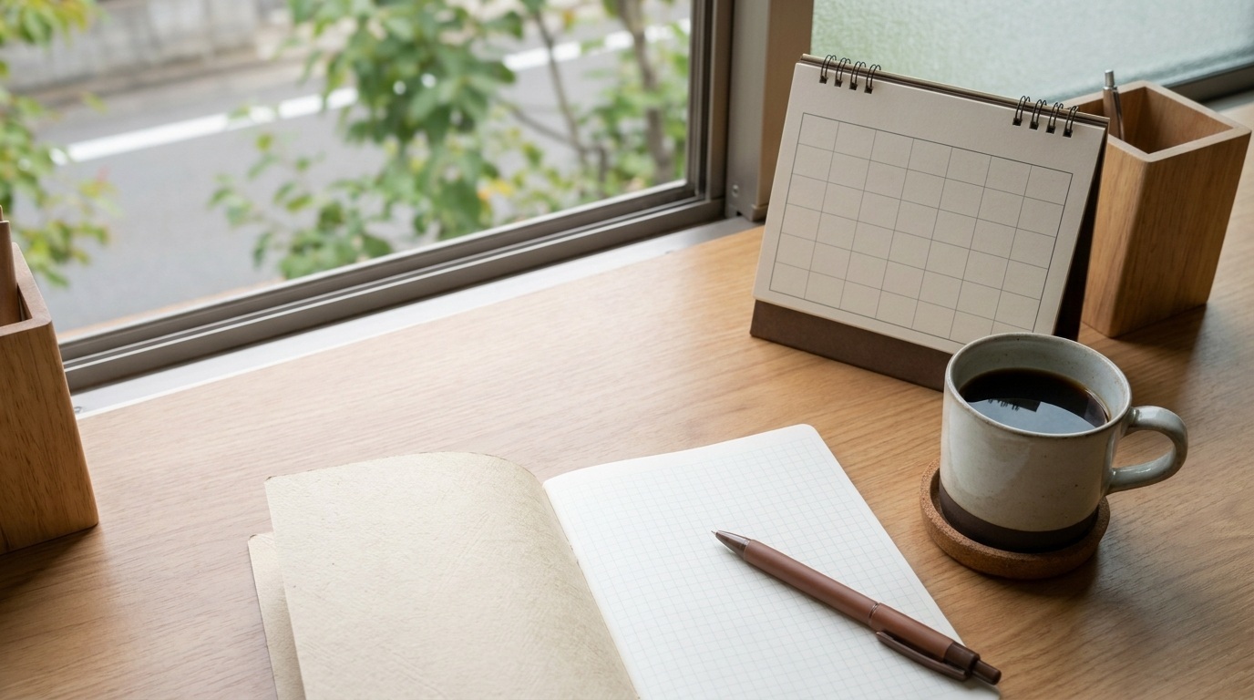 MS-015 featured image: weekly-ai-improvement-log-for-solo-business - text-free editorial workplace still life