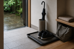 雨の日の玄関を散らかさないために、濡れたものの一時置き場を作る