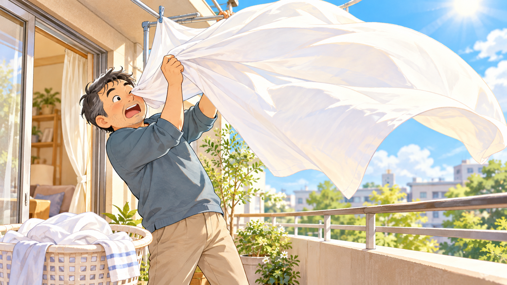 「シーツを洗うおじさん」の内容を描いたイラスト