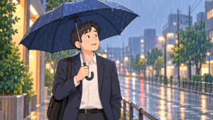 傘を持って出るおじさん