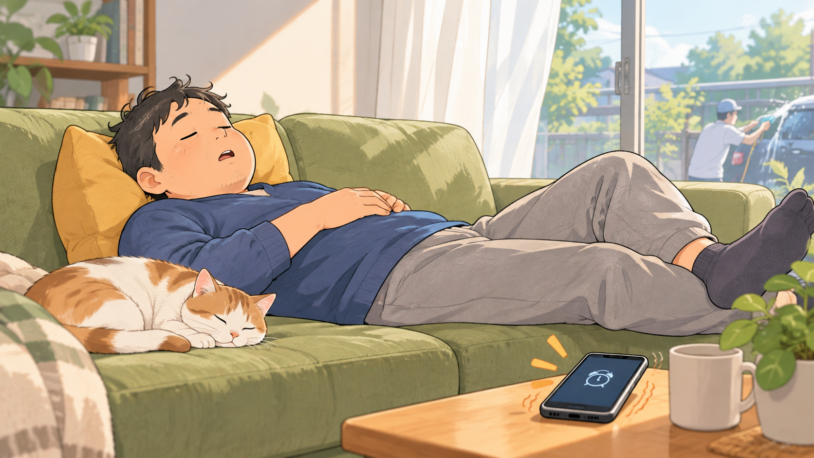 「昼寝するおじさん」の内容を描いたイラスト