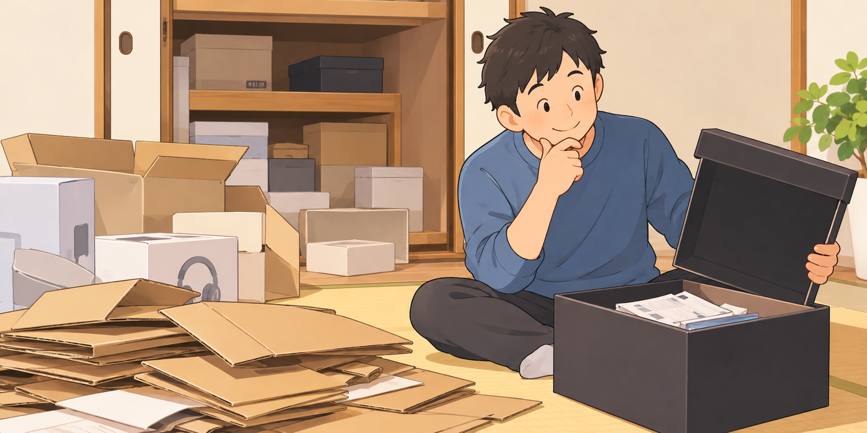 「空き箱を捨てるおじさん」の内容を描いたイラスト